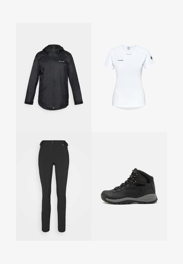 Black waterproof jacket with a hood, zip front, elastic cuffs, and logo on the left chest. Smooth, lightweight material. Casual fit.; Short-sleeve white athletic shirt with a round neckline, featuring a logo on the chest and a smooth, lightweight fabric texture.; Black, fitted pants made from a flexible material. Features include a zippered side pocket, articulated knees, and a smooth texture.; Black hiking boot with a mid-top design, featuring a textured upper, gray accents, and durable rubber sole with traction lugs.