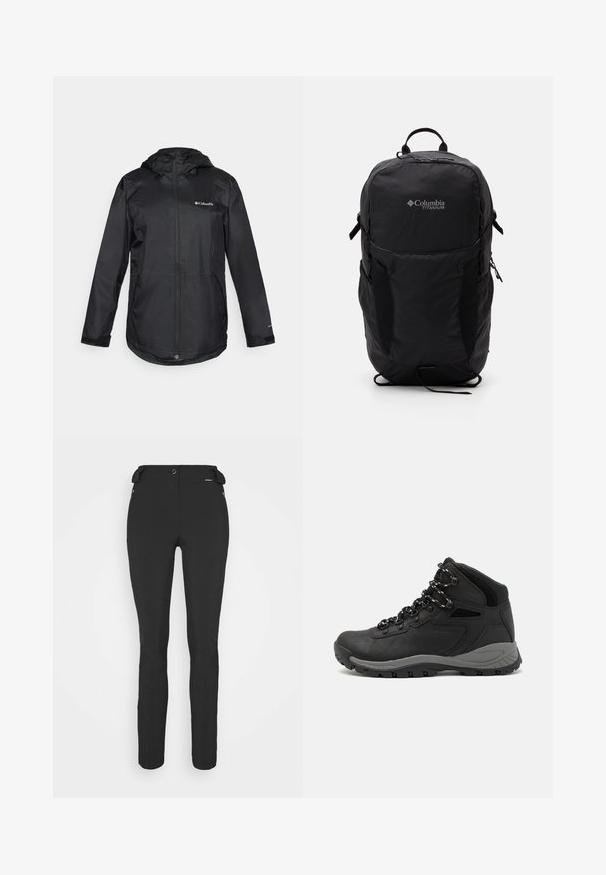 Giacca impermeabile nera con cappuccio, chiusura con zip frontale, polsini elasticizzati e logo sul lato sinistro del petto. Materiale liscio e leggero. Vestibilità casual.; T-shirt grigio a maniche corte realizzato in morbido tessuto traspirante. Presenta un collo tondo e un piccolo logo bianco nella parte superiore sinistra.; Pantaloni neri aderenti realizzati in materiale flessibile. Presentano una tasca laterale con zip, ginocchia articolate e una texture liscia.; Stivale da trekking nero con design a metà altezza, dotato di una tomaia texturizzata, accenti grigi e suola in gomma resistente con tasselli per la trazione.; Zaino Columbia Titanium nero con una texture di tessuto liscia, tasche laterali, maniglia superiore e spallacci regolabili. Design minimalista con branding discreto.