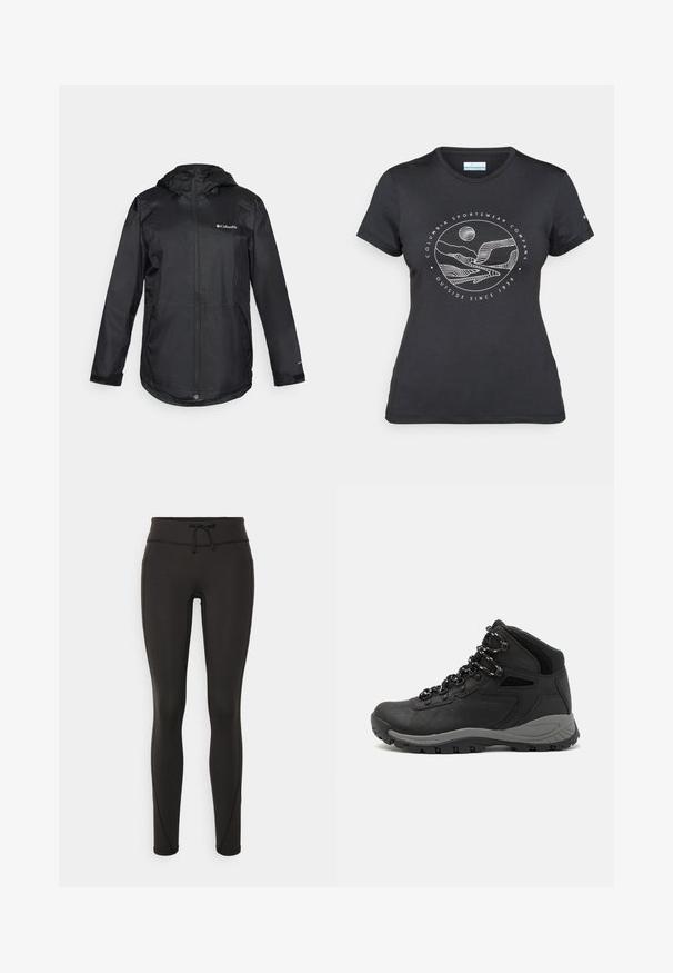 Fekete vízálló dzseki kapucnival, elöl cipzárral, rugalmas mandzsettákkal és logóval a bal mellen. Simább, könnyű anyag. Kényelmes szabás.; Fekete Columbia póló fehér, kör alakú hegy és folyó vonalrajzzal, valamint a "Columbia Sportswear Company Outside Since 1938" felirattal.; Fekete leggings magas derékkal, zsinórral, sima textúrával és testhezálló kialakítással. Oldalt varrási részletekkel rendelkezik.; Fekete túracipő közepes magasságú kialakítással, texturált felsőrésszel, szürke részletekkel és strapabíró gumitalppal, amelynek tapadós kiemelkedései vannak.