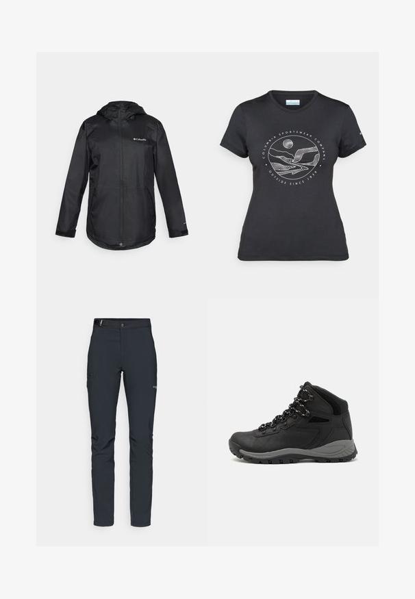 Zwarte waterdichte jas met capuchon, ritssluiting aan de voorkant, elastische manchetten en een logo op de linkerborst. Glad, lichtgewicht materiaal. Casual pasvorm.; Zwarte Columbia t-shirt met witte cirkelvormige lijntekening van bergen en een rivier en de tekst "Columbia Sportswear Company Outside Since 1938."; Heren buitenbroeken, donkergrijs, gemaakt van flexibel materiaal, met een riem, ritszakken en verstevigde stiksels.; Zwarte wandelschoen met een mid-top ontwerp, voorzien van een gestructureerde bovenkant, grijze accenten en een duurzame rubberen zool met gripnoppen.