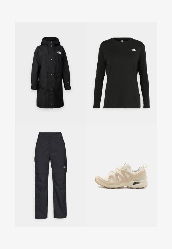 Juodas, ilgas lietpaltis su kapišonu, dviem priekinėmis kišenėmis, užspaudžiamomis mygtukais ir logotipu ant krūtinės; pagamintas iš oro sąlygoms atsparios medžiagos.; Juodas ilgomis rankovėmis medvilninis marškinėliai su apvali apykakle. Savybė - mažas baltas logotipas kairėje krūtinės pusėje. Paprastas dizainas ir pritaikymas.; Juodos nailoninės krovinių kelnės su reguliuojamais rankovėmis, daugybe kišenių ir logo ant dešinės kojos. Lygi, lengva tekstūra.; Bežinės ir kreminės spalvos sportinės bateliai su tekstūruoto tinklelio viršutine dalimi, palaikančiomis detalėmis ir guminiais padais, turinčiais raštą, užtikrinantį sukibimą.