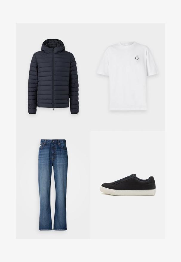 Pūka jaka tumši zilā krāsā ar horizontāliem kvadrātveida iešuvumiem, kapuci, priekšējo rāvējslēdzēja aizdari un krūšu kabatu ar rāvējslēdzēju.; Bāla kokvilnas t-kreklu ar brīvu piegulšanu, kuram uz kreisā krūšu apvidus ir neliels melns grafiskais logotips. Īsas piedurknes, apaļas kakla izgriezums.; Zilas džinsu bikses ar augstu jostasvietu, izplestām kājām, piecu kabatu dizainu un tonālu šuvumu. Iespējas ietver pogu aizdari un kniedētas kabatas.; Melnas zamšādas sporta apavi ar noapaļotu purngalu, baltu gumijas zoli, kontrastējošām zilo auklēm un gludu faktūru. Minimālistisks dizains bez redzamas logo.