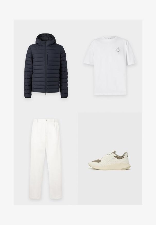 Puffatakki tummansinisessä värissä, jossa on vaakasuorat tikatut osat, huppu, etuvetoketju ja rintatasku vetskarilla.; Valkoinen puuvillapaita rentoa istuvuutta, jossa on pieni musta graafinen logo vasemmassa rintataskussa. Lyhyet hihat, pyöreä kaula-aukko.; Valkeat housut, jotka on valmistettu sileästä kankaasta, suoran lahkeiden muotoilun, etupleettien ja vyötäröllä olevan yksittäisen nappikiinnityksen kanssa.; Valkoinen ja vaaleanbeige urheilukengät, joissa on verkkomateriaali yläosa, rei'itettyjä yksityiskohtia ja teksturoitu välipohja, jossa on brändäys kantapäässä.