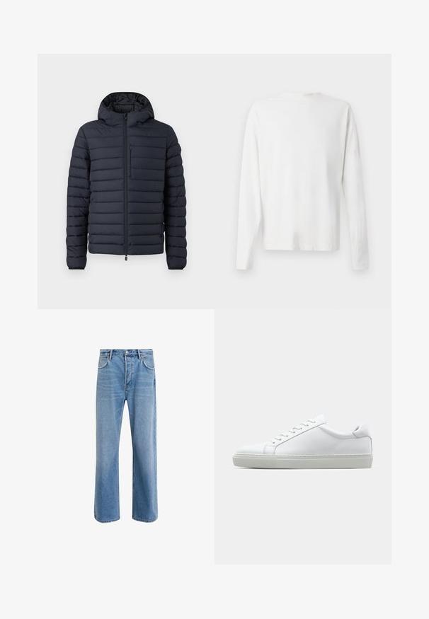 Jachetă puffer de culoare bleumarin închis, cu secțiuni quilted orizontale, glugă, închidere cu fermoar frontal și un buzunar pe piept cu fermoar.; Cămașă albă din bumbac cu mâneci lungi, decolteu rotund, fante pe laterale la baza, cu o textură netedă, expusă din spate.; Jeans din denim bleu deschis cu un design drept, cinci buzunare, închidere cu buton, decolorare minimă și detalii de cusătură în contrast.; Adidași albi cu o suprafață din piele netedă și un profil jos. Au un vârf rotunjit, șase orificii pentru șireturi și o talpă din cauciuc texturată.