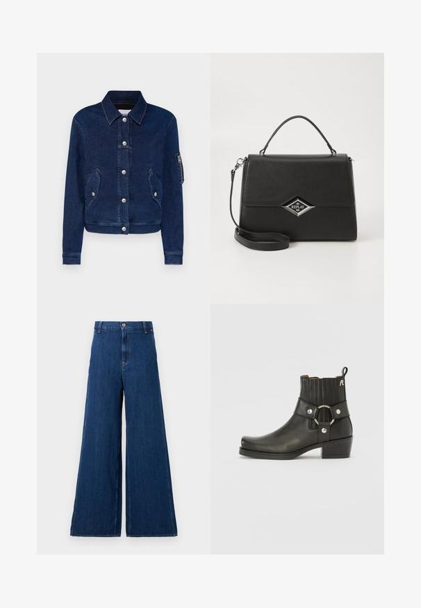 Σκούρο μπλε τζιν μπουφάν με γιακά, ασημένια κουμπιά με πιέτες, δύο μπροστινές τσέπες και τσέπη με φερμουάρ στο μανίκι.; Replay SQUARED NECK  - Μπλούζα με μακριά μανίκια - red; Replay PANTS - Straight leg jeans - dark blue; Μαύρη δερμάτινη ankle boot με στρογγυλή μύτη, ραβδωτές ελαστικές πλευρές, μεταλλική λεπτομέρεια και χαμηλό χοντρό τακούνι.; Μαύρη συνθετική τσάντα με δομημένο σχέδιο, επάνω χερούλι, αποσπώμενος ιμάντας ώμου και ασημένιο διαμαντένιο λογότυπο στο μπροστινό μέρος.