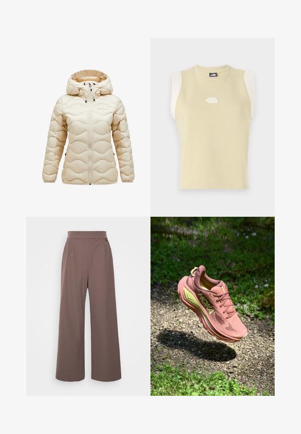 Beige pufferjakke med hætte, der har et quiltet bølgemønster, lynlåslukning foran og justerbare elementer. Blød, skinnende stofstruktur.; Ærmeløs top i pastelsyg gul bomuld med en rund halsudskæring. Har kontrasterende cremede skulderpaneler og et tekstureret logo på brystet.; Bredbukser i en afdæmpet brun farve, lavet af et glat stof. Har en høj talje og to sidelommer, hvilket giver en afslappet pasform.; Hoka løbesko med en pink mesh-overdel og lime detaljer. Har en polstret sål, rund form og struktureret overflade for bedre greb.