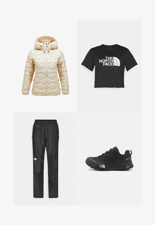 Beige pufferjakke med hætte, der har et quiltet bølgemønster, lynlåslukning foran og justerbare elementer. Blød, skinnende stofstruktur.; Sort cropped t-shirt lavet af bomuld, med et hvidt logo med buede accenter og teksten "THE NORTH FACE" på forsiden. Korte ærmer, rund hals.; Sorte vandtætte bukser lavet af letvægtsstof, med elastisk talje, sidelommer og et logo på venstre ben.; Sort vandresko med en tekstureret overdel, snørebåndslukning og en kraftig gummisål med et fremtrædende logo på siden og mønstrede slidbaner.
