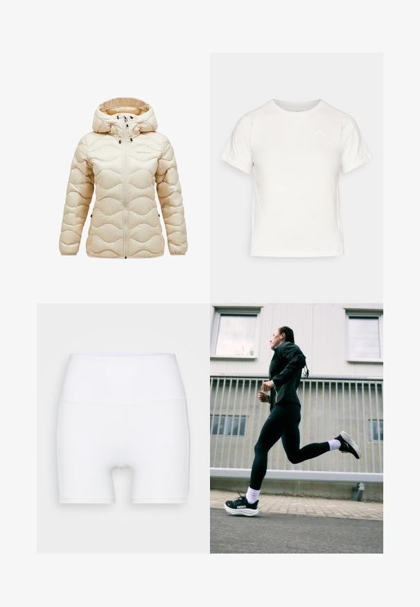 Bežinė pūkinė striukė su kapišonu, turinti siuvinėtą bangų raštą, priekį užtraukiamą užtrauktuku ir reguliuojamus elementus. Minkšta, blizgi audinio tekstūra.; Lengvas baltas marškinėliai trumpomis rankovėmis, apvaliu kaklu ir maža logo viršutiniame kairiajame kampe. Lygus audinys su subtiliu blizgesiu.; Balti aukšto juosmens šortai, pagaminti iš elastingos medžiagos. Yra lygus paviršius ir prigludęs siluetas, be papildomų raštų ar detalių.; Juodas sportinis švarkas su neoninėmis detalėmis, juodos leginsai ir juodi bėgimo batai su baltais padais, prieš šviesiai pilką foną.