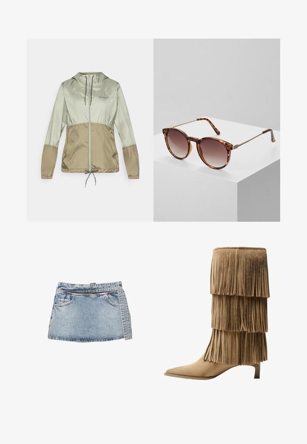 Leichte Kapuzenjacke in zartgrün und braun, mit elastischen Bündchen, einem Frontreißverschluss und verstellbarem Kordelzug am Saum.; Zwei Tanktops: eines in Dunkelbraun mit gerippter Textur und breiten Trägern, das andere in Cremefarbe, glattes Material mit ähnlichem Design.; Blaue Denim-Minirock mit einem taillierten Bund, Gürtelschlaufen und Fronttaschen. Verfügt über einen rohen Saum und eine verblasste Textur mit Nähakzenten.; Fransen-Stiefelette aus taupefarbenem Wildleder mit drei Lagen Fransen. Spitz zulaufende Zehenpartie und ein niedriger Blockabsatz. Durchgehend glatte Oberfläche.; Schildpatt-Sonnenbrille mit Verlaufsgläsern und dünnen goldenen Metallakzenten. Verfügt über runde Fassungen und schlanke Bügel für einen modernen Look.; Goldene Creolen mit einer glatten, polierten Oberfläche, ausgestattet mit einem schwenkbaren Verschluss und einem abgerundeten, elongated Design.