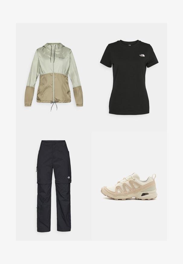 Ľahká kapucňová bunda v svetlozelenej a béžovej farbe, s elastickými manžetami, predným zipsom a nastaviteľnou šnúrkou na leme.; Čierne bavlnené tričko s okrúhlym výstrihom a krátkymi rukávmi. Výrazné biele logo na hornej ľavej strane. Hladká štruktúra, pohodlný strih.; Čierne nylonové cargo nohavice s odnímateľnými nohavicami, nastaviteľnými manžetami, viacerými vreckami a logom na pravej nohe. Hladká, ľahká textúra.; Beige a krémová športová obuv s textúrovaným sieťovým zvrškom, podporujúcimi prekrytiami a gumovou podrážkou s dezénom pre trakciu.