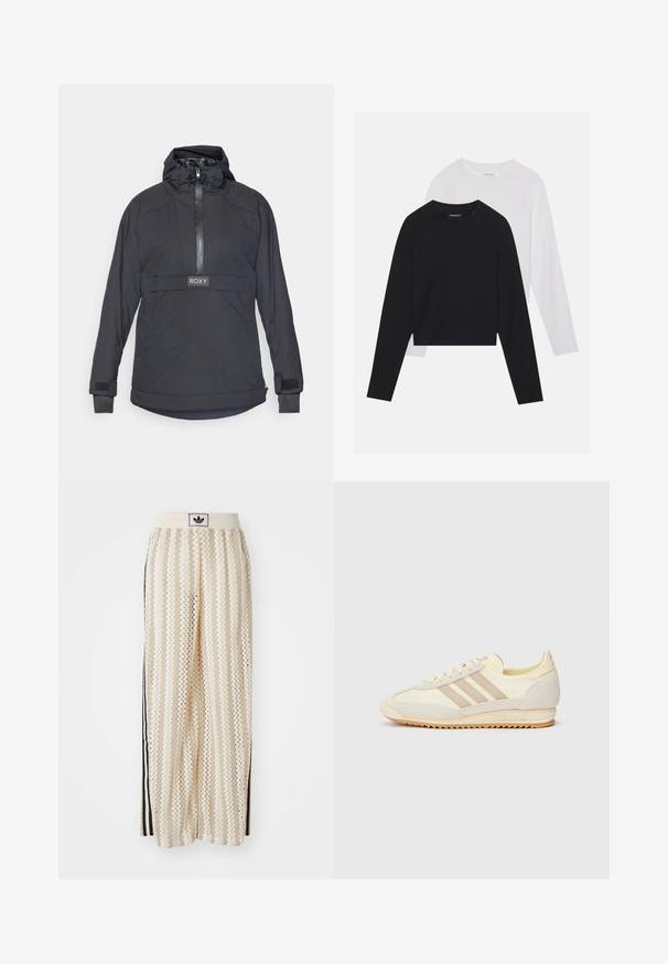 Giacca pullover trapuntata nera con colletto alto, chiusura con zip e cappuccio regolabile con coulisse. Presenta il logo Roxy e polsini in velcro.; Due camicie a maniche lunghe: una nera e una bianca. Entrambe presentano un col a girocollo, maniche raglan e un morbido tessuto in misto cotone.; Pantaloni a gamba larga color crema con un motivo a zigzag, dotati di una fascia in vita nera con logo e strisce nere laterali. Tessuto leggero e testurizzato.; Sneaker sportivo crema con tre strisce beige, materiali in suede e tessuto, suola testurizzata e logo in rilievo sul tallone.