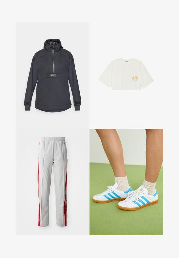 Czarna pikowana kurtka z wysokim kołnierzem, zamkiem błyskawicznym i regulowanym kapturem na sznurku. Zawiera logo Roxy oraz rzepy na mankietach.; Przycięta biała koszulka bawełniana z krótkim rękawem, z żółtym wzorem palmy i niebieską falą na lewej piersi.; Szare spodnie sportowe z czerwonymi paskami po bokach, elastycznym pasem, prostym krojem, wykonane z materiału poliestrowego, z logo Adidas na dolnej części nogawki.; Białe trampki z jasnoniebieskimi pasami, gumową podeszwą i sznurowanym stylem. Posiadają złote logo i gładką skórzopodobną fakturę.