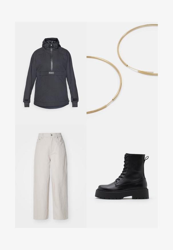 Czarna pikowana kurtka z wysokim kołnierzem, zamkiem błyskawicznym i regulowanym kapturem na sznurku. Zawiera logo Roxy oraz rzepy na mankietach.; Biała bluzka z krótkim rękawem o luźnym kroju, lekkiej teksturze i okrągłym dekolcie. Widok z tyłu pokazuje gładki, prosty design.; Beżowe spodnie bawełniane o szerokich nogawkach, z wysokim stanem, zapinane na guzik i zamek, z czterema kieszeniami; gładka tekstura z wykończeniem denimowym.; Czarne skórzane botki za kostkę z okrągłym noskiem, sznurówką z przodu i grubą gumową podeszwą z teksturowanym bieżnikiem. Pętelka do zakładania z tyłu.; Złote kolczyki w kształcie cienkich okrągłych obręczy, o gładkim metalicznym wykończeniu, bez zdobień czy wzorów.