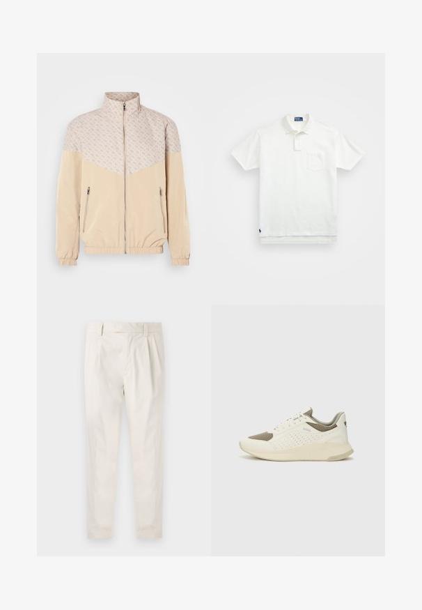 Bežna vetrovka jakna z vzorčastim zgornjim delom. Ima stoječi ovratnik, sprednji zadrgo in elastične manšete. Dva bočna žepna zadrga.; Bela polo majica iz bombaža, z klasičnim ovratnikom, trojnim gumbom in žepom na levi strani prsnega predela; majhna blagovna znamka na robu.; Bele, plisirane hlače s krojenim prileganjem, z gladko teksturo, z zankami za pas in ožjimi hlačnicami. Brez vidnih žepov ali vzorcev.; Beli in svetlo bež športni copat, s mrežastim zgornjim delom, perforiranimi detajli in teksturirano srednjim delom z blagovno znamko na peti.