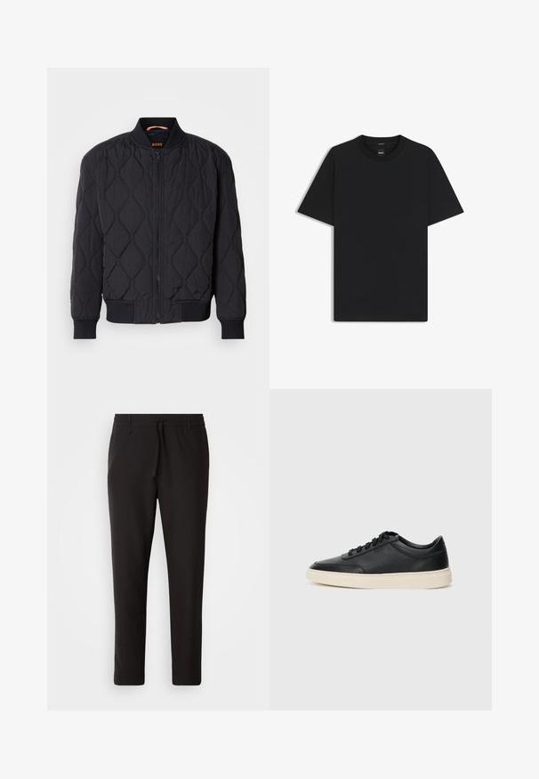 Giubbotto bomber nero trapuntato con colletto e polsini a costine, motivo a diamante strutturato e chiusura frontale con zip. Logo all'interno del collo.; Maglietta nera a maniche corte realizzata in un morbido misto cotone, con scollatura a girocollo e un design minimalista senza motivi o dettagli.; Pantaloni jogger neri realizzati in tessuto liscio. Presentano una vita elasticizzata con stringa, gambe affusolate e senza tasche visibili. Design semplice.; Sneaker in pelle nera a basso profilo con lacci neri e suola avorio, mostrato di profilo su sfondo bianco.