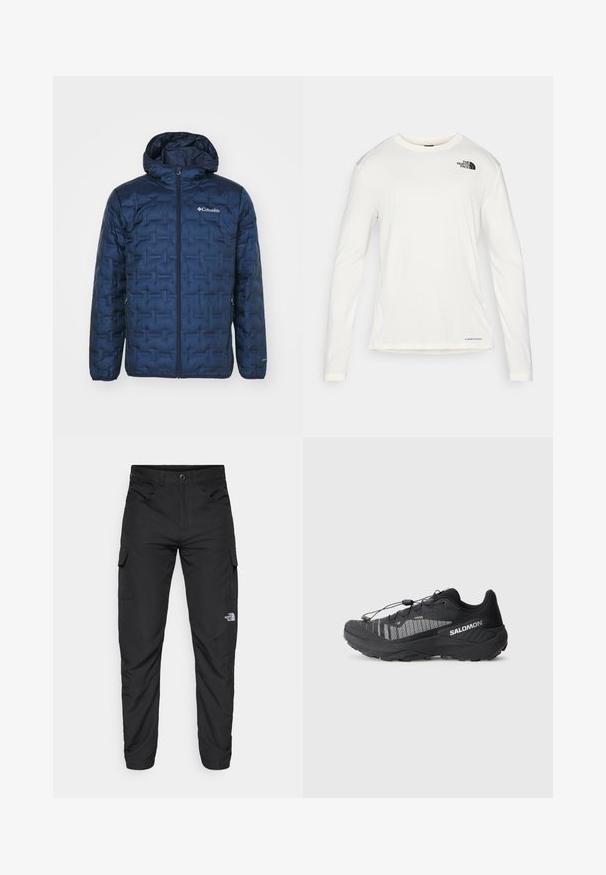 Columbia DELTA RIDGE™ II DOWN HOODED JACKET - Dunjakke - collegiate navy; Hvit langermet skjorte med rund hals, teksturert stoff, svart logo på venstre skulder, og subtil merkevareplassering nederst.; The North Face HORIZON PANT - Friluftsbukser - black; Svart terrengløpesko med teksturert mesh-overdel, reflekterende detaljer, polstret såle og elastisk snøresystem. Logo på siden.