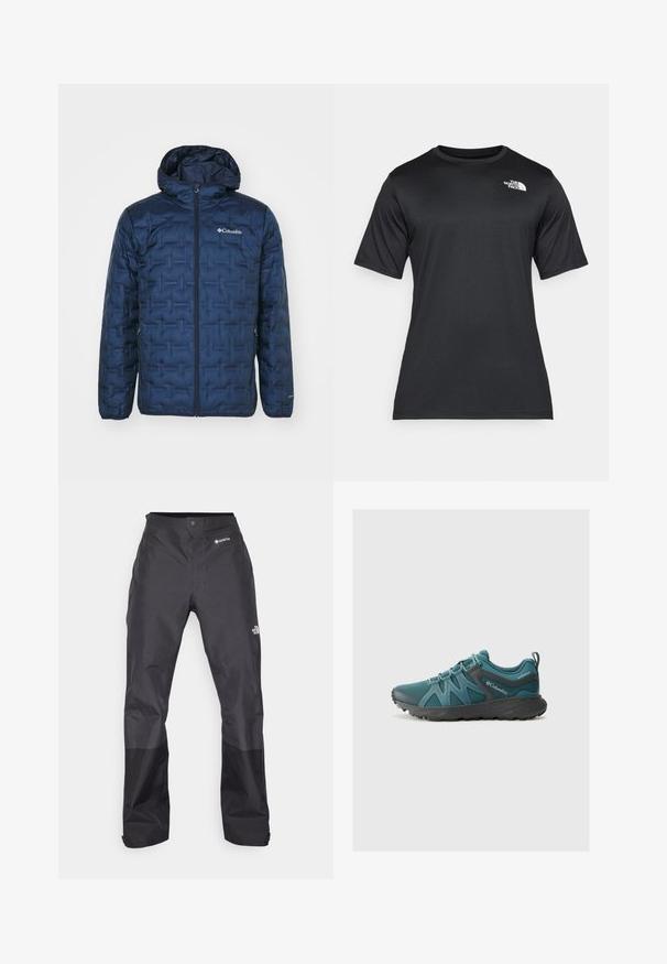 Columbia DELTA RIDGE™ II DOWN HOODED JACKET - Μπουφάν με πούπουλα - collegiate navy; Μαύρη κοντομάνικη μπλούζα φτιαγμένη από ελαφρύ, υφασμάτινο αντιακατακλυσματικό ύφασμα. Διαθέτει λευκό λογότυπο στο αριστερό στήθος και κλειστό λαιμό.; Μαύρα αδιάβροχα παντελόνια με απλή υφή, που διαθέτουν λογότυπο GORE-TEX στο μπροστινό μέρος και ενισχυμένα κάτω μέρη για αυξημένη αντοχή.; Columbia PEAKFREAK ROAM - Παπούτσια πεζοπορίας - everblue/dark grey