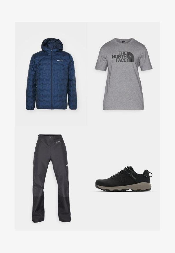 Columbia DELTA RIDGE™ II DOWN HOODED JACKET - Gewatteerde jas - collegiate navy; Grijze T-shirt met korte mouwen, gemaakt van een katoenmix, met een zwarte grafische print van "THE NORTH FACE" en een gebogen logo detail op de voorkant.; Zwarte waterdichte broek met een gladde textuur, voorzien van een GORE-TEX-logo op de voorkant en verstevigde onderbenen voor duurzaamheid.; Zwarte wandelschoen met een soepele bovenkant, geperforeerd ontwerp, grijze buitenzool en versterkte hiel. Voorzien van veters en een trekriem voor gemakkelijk aan- en uittrekken.