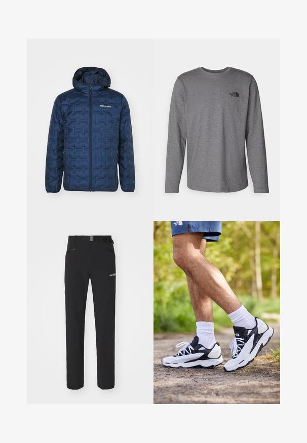 Columbia DELTA RIDGE™ II DOWN HOODED JACKET - Down jacket - collegiate navy; The North Face M L/S SIMPLE DOME TEE - Long sleeved top - medium grey heather; Black outdoor pants with a smooth fabric, side zip pockets, reinforced knee sections, and an adjustable waistband featuring a buckle.; Black and white athletic shoes with mesh upper, textured accents, and white laces. Worn with white ankle socks and navy shorts on a path.