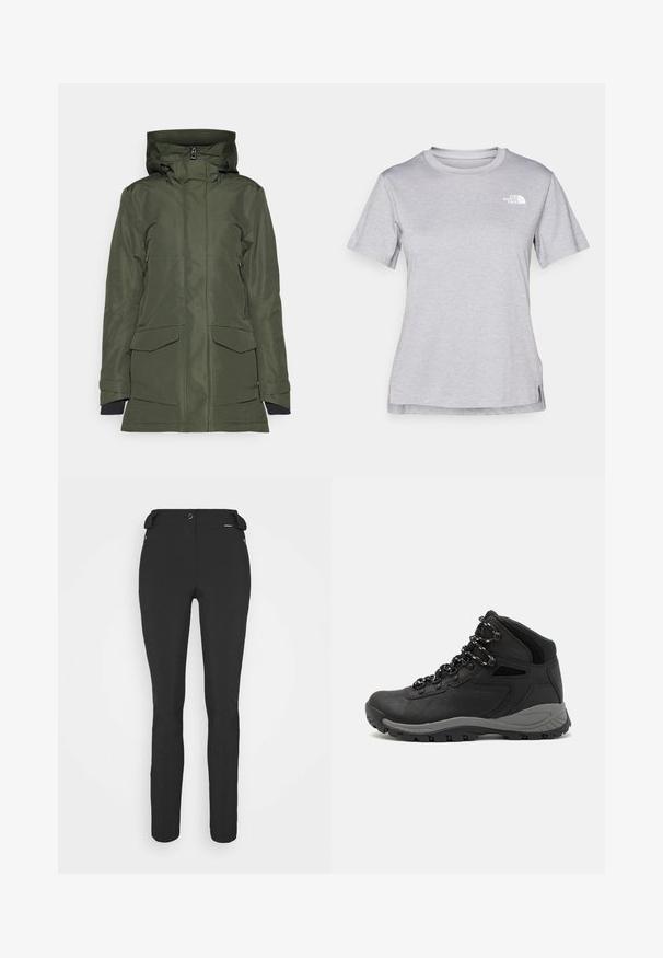 Chaqueta impermeable verde con capucha forrada, dos grandes bolsillos frontales y cierre de cremallera. El material tiene una textura suave.; Camiseta gris de manga corta hecha de una suave tela que absorbe la humedad. Presenta un cuello redondo y un pequeño logotipo blanco en la parte superior izquierda.; Pantalones negros ajustados hechos de un material flexible. Las características incluyen un bolsillo lateral con cremallera, rodillas articuladas y una textura suave.; Bota de senderismo negra con un diseño de medio caña, que cuenta con una parte superior texturizada, acentos grises y una suela de goma duradera con tacos de tracción.