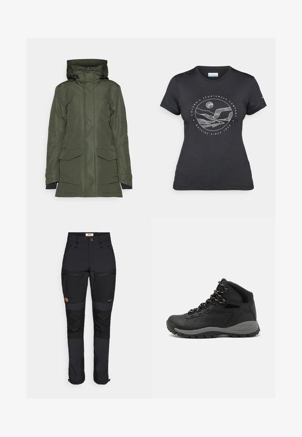 Green waterproof jacket featuring a lined hood, two large front pockets, and a zip closure. Material has a smooth texture.; Black Columbia t-shirt with white circular mountain and river line art and text "Columbia Sportswear Company Outside Since 1938."; Fjällräven KEB AGILE TROUSERS - Outdoor trousers - black; Black hiking boot with a mid-top design, featuring a textured upper, gray accents, and durable rubber sole with traction lugs.