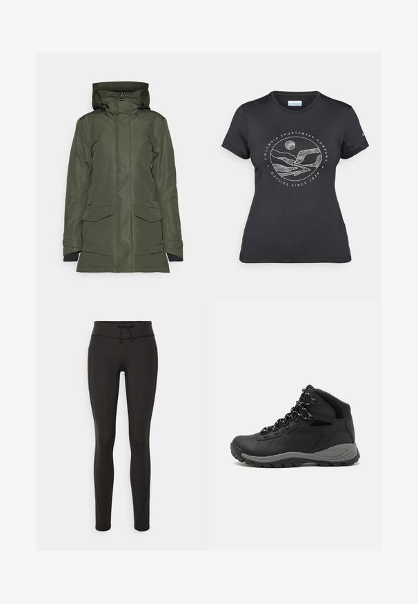 Vihreä vedenpitävä takki, jossa on vuorillinen huppu, kaksi suurta etutaskua ja vetoketjukiinnitys. Materiaalilla on sileä pinta.; Musta Columbia T-paita, jossa on valkoinen ympyrämuotoinen vuori- ja joki-viivataide sekä teksti "Columbia Sportswear Company Ulkona vuodesta 1938."; Mustat legginsit, joissa on korkea vyötärö, nauhakuja, sileä pinta ja istuva muotoilu. Sivussa on ompeluyksityiskohtia.; Musta vaelluskenkä, jossa on puolivartinen muotoilu, jolle on ominaista teksturoitu päällinen, harmaat yksityiskohdat ja kestävä kumipohja, jossa on pitoita lisääviä lukuja.