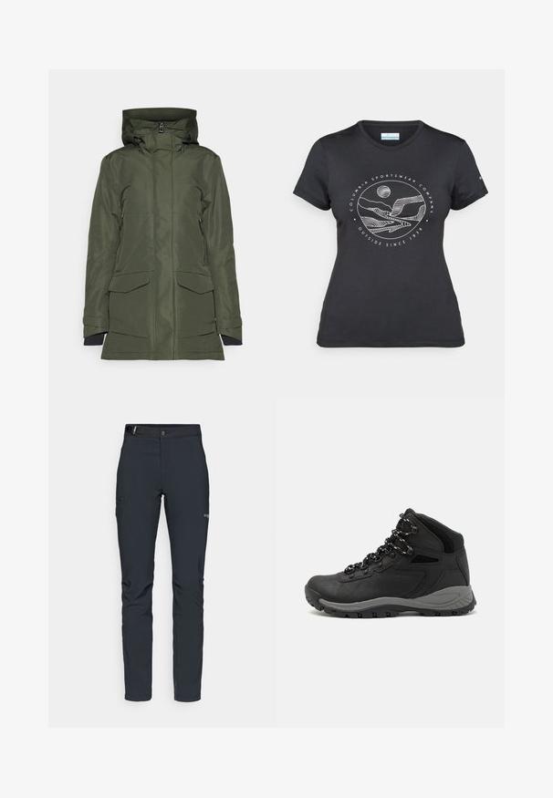 Zelená voděodolná bunda s podšívkou kapuce, dvěma velkými předními kapsami a zipem. Materiál má hladkou texturu.; Černé tričko Columbia s bílým kruhovým uměleckým ztvárněním hor a řeky a textem "Columbia Sportswear Company Outside Since 1938."; Pánské outdoorové kalhoty, tmavě šedé, vyrobené z flexibilního materiálu, s pásem, zipovými kapsami a vyztuženým švem.; Černé turistické boty s mírně vyšším střihem, které mají texturovaný svršek, šedé detaily a odolnou gumovou podrážku s trakčními výstupky.