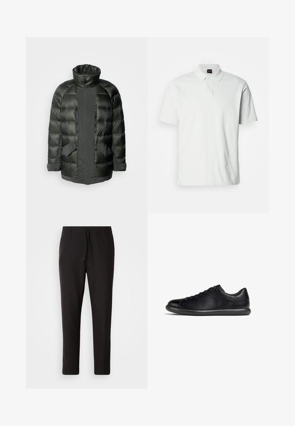 Colmar Originals MAN - Pūkinis paltas - forest/forest; Balta polo marškinėliai, pagaminti iš medvilnės, su klasikine apykakle, dviem mygtukais ir subtiliu prekės ženklu išsiuvinėtu priekyje. Trumpomis rankovėmis.; Juodi džinsai, pagaminti iš lygaus audinio. Yra elastinė juosmens juosta su raišteliu, siaurėjantys džinsai, be matomų kišenių. Paprastas dizainas.; Juodos žemos odinės sportinės bateliai su juodais raišteliais ir storu paminkštintu padu, parodyti šoninėje profilio pusėje ant baltos fono.