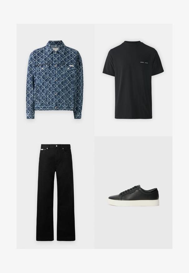 Denim-jakk, millel on kogu pinnal helesinine geomeetriline muster, ees nupuvajutusega sulgur, kaks rinna-taskut ja väike Calvin Kleini label vasakul taskul.; Must must t-särk klassikalise ümmarguse kaelusega, lühikeste varrukatega ja vasakul rinnal kaks väikest valget "SAMSØE" logo.; Mustadest denimist püksid laiade jalgadega, viie tasku ja metallist nööpidega. Sile tekstuur, nähtavad mustrid puuduvad.; Must have perforatsiooniga mustad nahast tossud, ümar varvas ja lame valge kummist tald. Omab musti paelu ja diskreetset logo küljel.