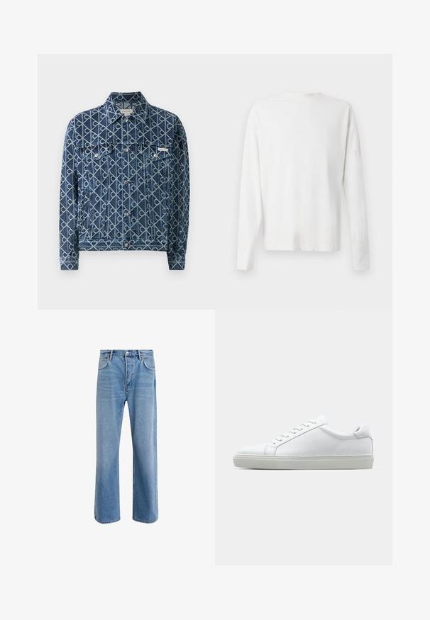 Denimjakke med ensfarget lys blå geometrisk mønster, front knappelukking, to brystlommer og en liten Calvin Klein-lapp på venstre lomme.; Langermet hvit bomullsskjorte med rund hals, sidespalter nederst og en jevn tekstur, vist fra baksiden.; Lys blå denimjeans med rett ben-design, fem lommer, knappeåpning, minimal falming og kontrasterende sømdetaljer.; Hvit sneakers med en glatt skinnoverdel og lav profil. Har en rund tå, seks snøring hull, og en teksturert gummisåle.