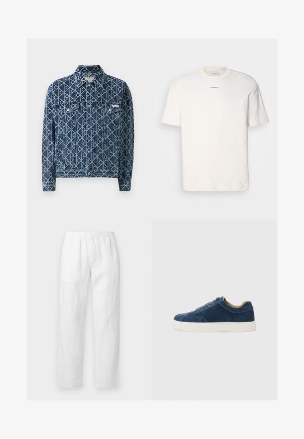 Džinsinis švarkas su viso paviršiaus šviesiai mėlynu geometriniu raštu, priekinis užsegimas mygtukais, dvi krūtinės kišenės ir mažas Calvin Klein etiketė kairėje kišenėje.; Balta medvilninė marškinėlių suapvalintu kaklu, trumpomis rankovėmis ir siuvinėtu "Calvin Klein" logotipu krūtinės centre. Paprastas dizainas.; Baltos lino kelnės su elastiniu liemeniu, tiesių kojų piešiniu ir minkšta tekstūra be matomų raštų ar aparatūros detalių.; Mėlynos zomšinės sportbačiai su balta gumine padanga, su raišteliais, apvaliu pirštu ir kontrastinga rusva vidine dalimi. Subtilūs siuvimo detalės.