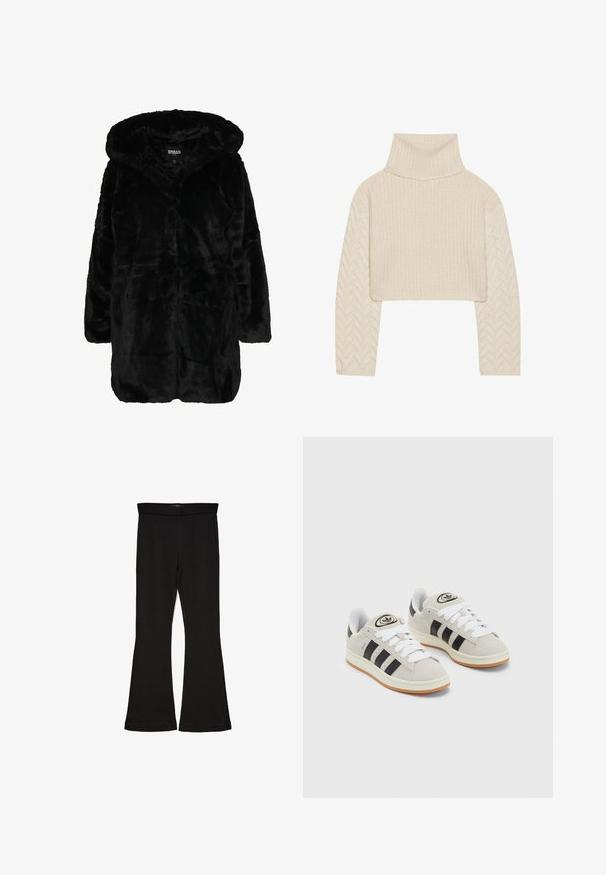 Črn plašč iz umetnega krzna s kapuco, ki ima mehak občutek, dolge rokave in sproščen kroj. Tkanina ima puhast, lesketajoč videz.; Kremno obarvan skrajšan pulover z visokim ovratnikom, teksturirano pleteno telo in rokavi z vzorcem ribje kosti. Narejen iz mehkega volnenega materiala.; Črne flare leggings iz raztegljive tkanine. Imajo širok pas in gladko teksturo, s prilegajočo silhueto, ki se na robu razširi.; Sive športne čevlje iz semiša z belimi vezalkami, črnimi črtami in belim gumijastim podplatom. Imajo okroglo oznako na ježku in podplat iz gume.