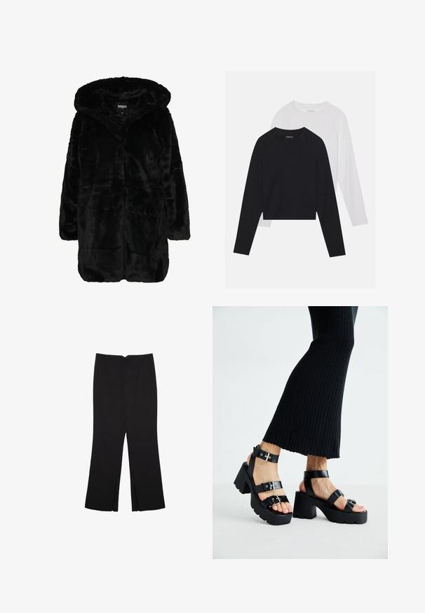 Černý kabát z umělé kožešiny s kapucí, který má jemnou texturu, dlouhé rukávy a volný střih. Tkanina má plyšový, lesklý vzhled.; Dvě dlouhé rukávy: jedno černé a jedno bílé. Obě mají kulatý výstřih, raglánové rukávy a měkkou bavlněnou směs.; Černé kalhoty s rovným střihem, s předními kapsami a bočními rozparky na lemu. Vyrobené z jemné, hladké tkaniny. Vhodné na různé příležitosti.; Černé platformové sandály s robustními podrážkami a několika řemínky, s kovovými sponami a hladkým koženkovým povrchem.