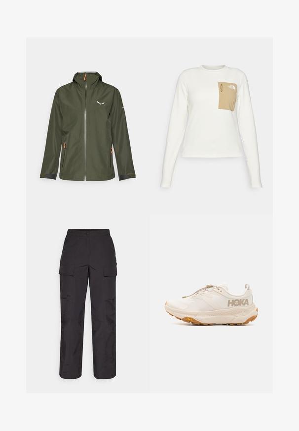 Dunkelgrüne Outdoorjacke mit durchgehendem Reißverschluss, verstellbarem Kapuzen, orangefarbenen Akzenten und einem Logo. Verfügt über elastische Bündchen und zwei seitliche Taschen.; Weißes Langarmhemd aus strukturiertem Stoff mit einer beigen aufgesetzten Tasche, die einen Kordelzug und ein Logo trägt.; Schwarze Cargo-Hosen aus strapazierfähigem Stoff, mit mehreren Seitentaschen, einem Knopfverschluss und einer lockeren Passform mit geraden Beinen.; HOKA TRANSPORT - Hikingschuh - eggnog