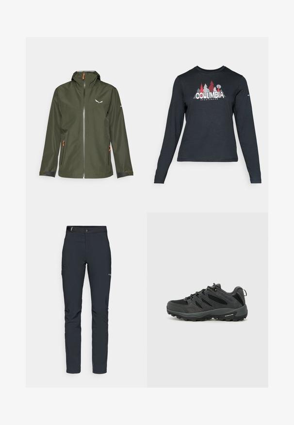 Tumši zaļa āra jaka ar rāvējslēdzēja priekšpusi, regulējamu kapuci, oranžiem akcentiem un logo. Iekļauj elastīgas piedurknes un divas sānu kabatas.; Tumšs pelēks krekls ar garām piedurknēm, ar grafiku, kurā attēloti sarkani koki un kalni; "COLUMBIA" logo treknā baltā tekstā. Mīksta auduma, standarta apaļa kakla izgriezums.; Vīriešu āra bikses, tumši pelēkā krāsā, izgatavotas no elastīga materiāla, ar jostu, kabatām ar rāvējslēdzēju un pastiprinātām šuvēm.; Columbia REDMOND - Pārgājienu apavi - black/citron haze