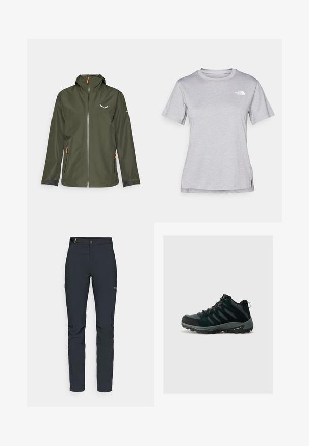 Veste extérieure vert foncé avec fermeture éclair à l'avant, capuche ajustable, accents orange et logo. Comprend des poignets élastiques et deux poches latérales.; T-shirt gris à manches courtes fabriqué en tissu doux et évacuant l'humidité. Il présente un col rond et un petit logo blanc en haut à gauche.; Pantalons de plein air pour hommes, gris foncé, fabriqués en matériau flexible, dotés d'une ceinture, de poches zippées et de coutures renforcées.; Columbia REDMOND - Chaussures de marche - black/citron haze