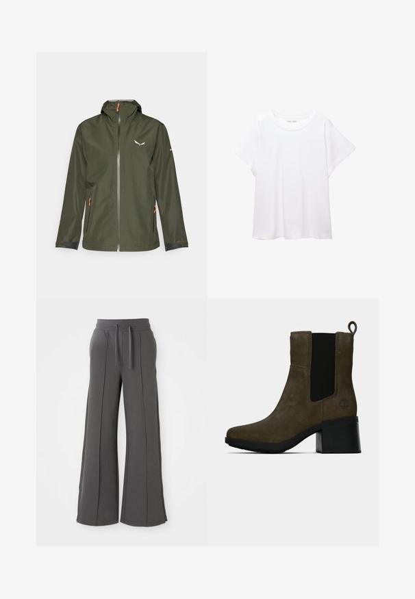 Giacca outdoor verde scuro con zip frontale, cappuccio regolabile, dettagli arancioni e un logo. Presenta polsini elasticizzati e due tasche laterali.; T-shirt bianco realizzato in un tessuto morbido e leggero. Presenta un collo rotondo e maniche corte e larghe con vestibilità morbida. Nessun motivo visibile.; Pantaloni della tuta larghi grigio scuro con cuciture frontali, vita elasticizzata, cordini, tasche laterali e orli con zip su uno sfondo bianco.; Stivaletto in suede marrone con pannello laterale elastico nero, linguetta, tacco a blocco e logo a forma di albero impresso sul tallone.