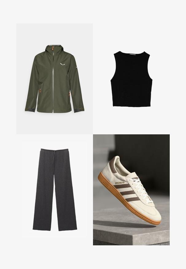 Ciemnozielona kurtka outdoorowa z zamkiem z przodu, regulowanym kapturem, pomarańczowymi akcentami i logo. Posiada elastyczne mankiety oraz dwie boczne kieszenie.; Czarny bezrękawnik crop top z gładkiego materiału, z okrągłym dekoltem i czystym, prostym wzornictwem, bez wzorów czy metalowych elementów.; Spodnie szerokie w kolorze ciemnoszarym, wykonane z teksturowanej tkaniny, z elastycznym paskiem w talii i sznurkiem. Prosty i minimalistyczny design.; Białe zamszowe sneakersy z brązowymi skórzanymi akcentami, trzema brązowymi paskami i białymi sznurówkami. Posiadają fakturowaną gumową podeszwę i złote logo "SPEZIAL".