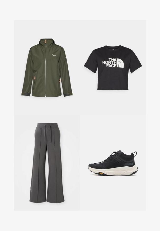 Sötétzöld kültéri kabát, elől cipzárral, állítható kapucnival, narancssárga részletekkel és logóval. Rugalmas mandzsettákkal és két oldalsó zsebbel rendelkezik.; Fekete, vágott ujjú, pamut póló, fehér logóval, amely ívelt díszítéseket és a "THE NORTH FACE" feliratot tartalmazza az elején. Rövid ujjú, kerek nyakú.; Sötétszürke, bőszárú melegítőnadrág, elülső varrásokkal, gumis derekkal, zsinórral, oldalzsebekkel és cipzáras szegésekkel fehér háttér előtt.; Fekete sportcipők textúrált felsőrésszel, fehér középtalppal és Vibram talppal. Kötési rendszerrel és húzófüllel a saroknál.