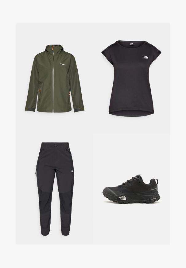 Tummanvihreä ulkoilutakki, jossa on vetoketjukiinnitys, säädettävä huppu, oranssit korostukset ja logo. Takissa on joustavat hihansuut ja kaksi sivutaskua.; The North Face TANKEN TANK - Tekninen t-paita - black; Mustat ulkona käytettävät housut, jotka on valmistettu kestävästä kankaasta. Ominaisuuksiin kuuluvat vetoketjulliset taskut, vahvistetut polvilevyt ja suora leikkaus, joka mahdollistaa liikkuvuuden.; Musta vaelluskengä, jossa on teksturoitu päällinen, nauhakiinnitys ja paksu kumipohja, jossa on näkyvä logo sivulla ja kavennuskuviointi.