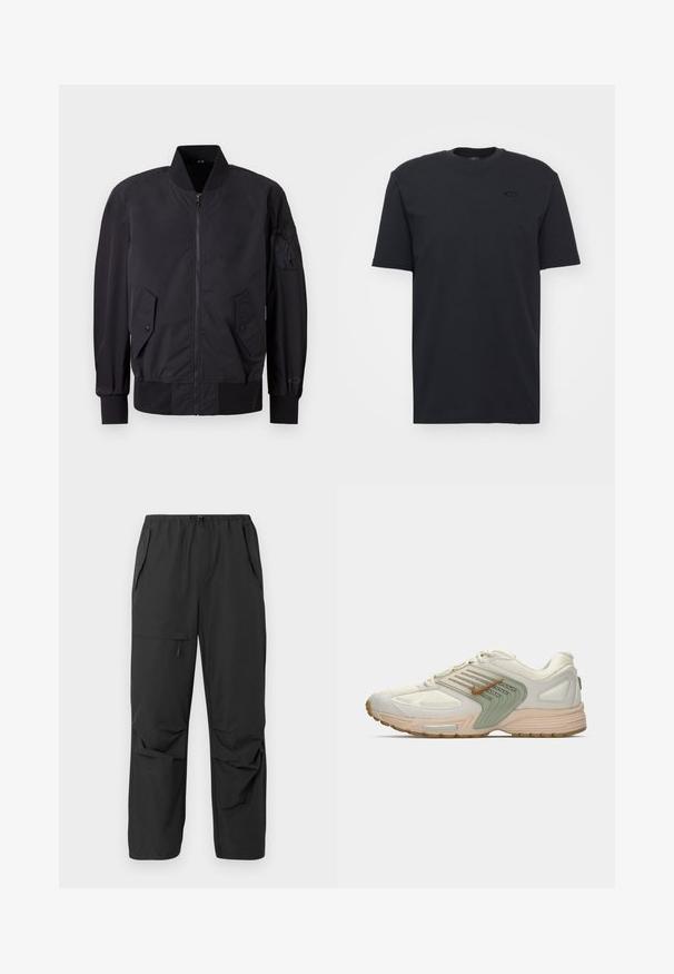 Jacket bomber preto com fecho de zip, dois bolsos com botão de pressão, punhos canelados e um patch de tecido na manga. Textura suave e matte.; T-shirt preta de algodão de manga curta com decote redondo, apresentando um detalhe discreto do logo no peito e um corte descontraído.; Calças pretas, leves, com um cós elástico, bolsos laterais e um corte descontraído. Textura suave, sem padrões ou detalhes visíveis.; Sapatilha desportiva de corte baixo em bege com painel lateral verde claro, parte superior em malha branca, swoosh da Nike em castanho e sola bege com almofada de ar visível.