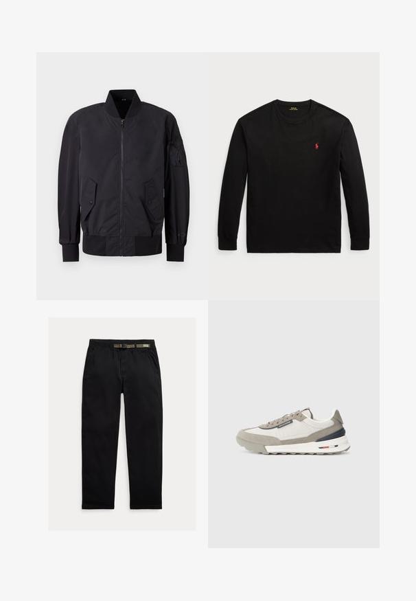 Zwarte bomberjack met een ritssluiting aan de voorkant, twee drukknopzakken, ribgebreide manchetten en een stoffen patch op de mouw. Gladde, matte textuur.; Zwarte longsleeve t-shirt van katoen. Heeft een ronde hals, ribgebreide manchetten en een klein rood geborduurd logo op de borst. Vlotte textuur.; Zwarte broek van lichtgewicht stof, met een elastische tailleband en een geïntegreerde groene riem, recht model en zijzakken.; Grijze en witte sneakers met een mix van suede en textiel. Contrasterende marineblauwe en rode accenten, met een gestructureerde rubberen zool en veters.