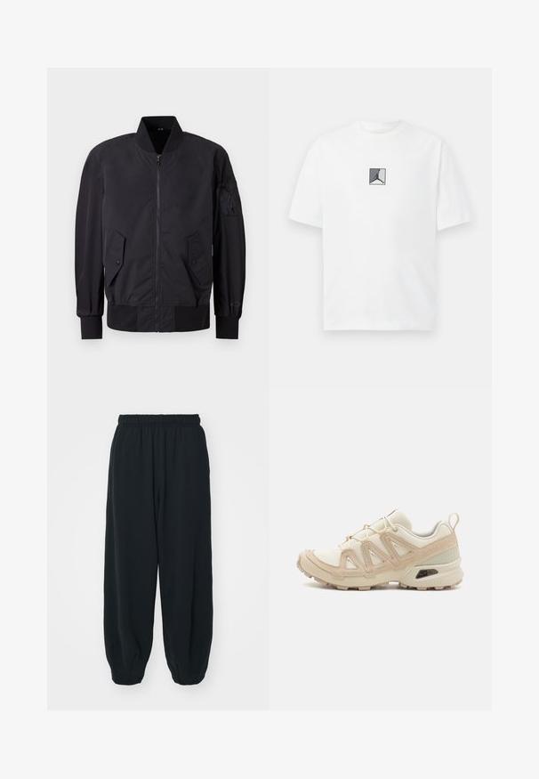 Črni bomber jakna z zadrgo spredaj, dvema žepoma na gumbe, rebrastimi manšetami in tekstilno nalepko na rokavu. Gladka, mat tekstura.; Bela bombažna majica z osrednjim črno-sivim logotipom. Klasičen kroj z okrogłym izrezom in kratkimi rokavi ter udobnim fitom.; Črne, elastične hlače za prosti čas z ohlapnim krojem, manšetami na gležnjih, gladko teksturo in brez vidnih vzorcev ali dodatkov.; Bež in krem športni čevlji z teksturiranim mrežastim zgornjim delom, podpornimi prekrivali in gumijastim podplatom z vzorcem za oprijem.