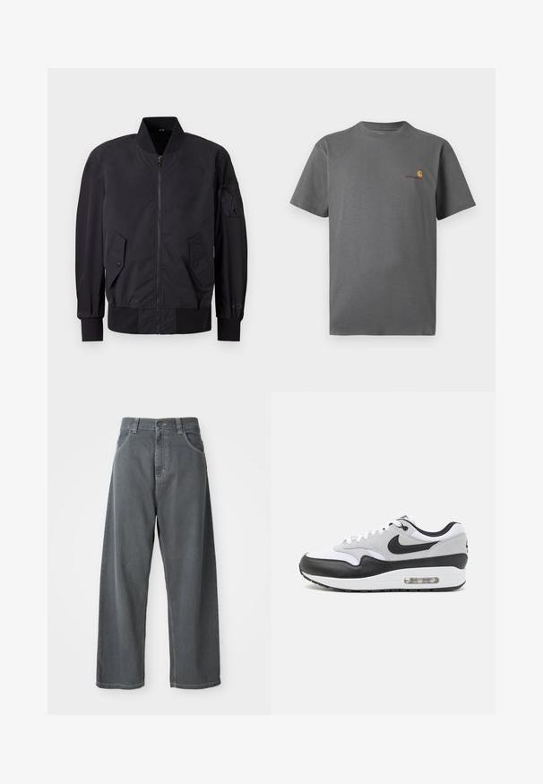 Juodas bomber tipo švarkas su užtrauktuku priekyje, dviem mygtukais užsegamomis kišenėmis, raštuotais rankovėmis ir audinio užtrauktuku ant rankovės. Lygus, matinio paviršiaus.; Pilkos spalvos trumpomis rankovėmis marškinėliai, pagaminti iš medvilnės; ant krūtinės yra subtilus logotipas oranžinės ir burgundinės spalvų. Pagrindinis apvalaus kaklo dizainas.; Pilkos džinsinio audinio plačios kojos kelnės su aukštu liemeniu, su priekinėmis kišenėmis, juostos kilpomis ir sagtele liemens srityje.; Nike Air Max 1 sportbačiai su balta ir pilka viršutine dalimi, juodais odiniais akcentais, suapvalinta forma ir matoma oro pagalve pado viduje.