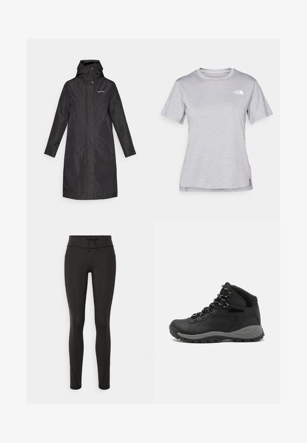 Must värviline vihmamantel, mis on valmistatud hingavast ja veekindlast materjalist, kõrge kaeluse, kinnitatud kapuutsi ja nööbiklõpsuga. Minimalistlik disain, ilma mustriteta.; Hall juppuvarrega, pehmeast, niiskust eemaletõukavast kangast lühikeste varrukatega hall T-särk. Omab ümarat kaelust ning väikest valget logo vasakul ülal.; Mustad kõrge vöökohtadega mustad retuusid, paelaga, sileda tekstuuri ja sobiva disainiga. Külgedel on õmblusdetailid.; Mustarjaline matkasaabas, millel on keskmine disain, tekstuuriga ülemine osa, hallid aktsendid ja vastupidav kummist põhi, millel on haardelugesid.
