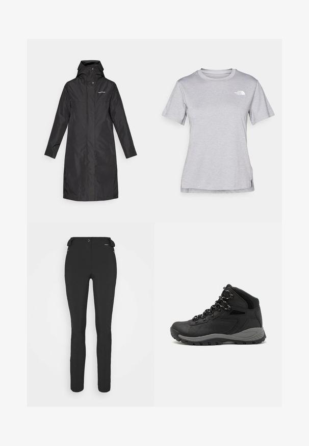Črn dežni plašč z dihalnim, vodoodpornim materialom, visokim ovratnikom, pritrjeno kapuco in gumbom za zapiranje. Minimalistična zasnova brez vzorcev.; Siva kratka majica s kratkimi rokavi, izdelana iz mehkega, vlago odvračajočega materiala. Ima okroglo izrez in majhen bel logotip na zgornji levi strani.; Črne prileganje hlače, izdelane iz fleksibilnega materiala. Značilnosti vključujejo žep z zadrgo na strani, artikulirana kolena in gladko teksturo.; Črne pohodniške čevlje z srednje visokim dizajnom, ki imajo teksturirano zgornji del, sivi dodatki in vzdržljiv gumen podplat s protizdrsnimi izboklinami.