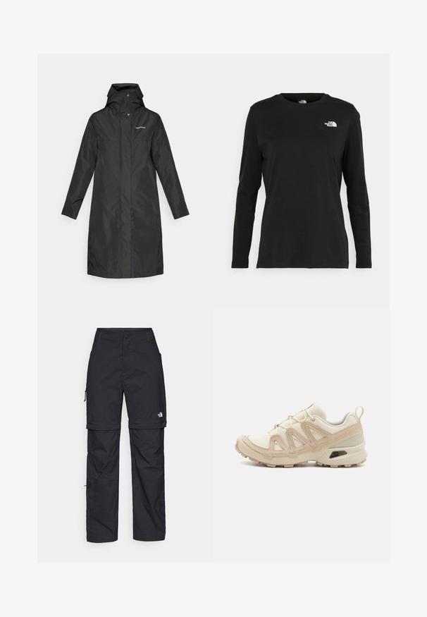 Capa de chuva preta com material respirável e impermeável, gola alta, capucho preso e fecho de pressão. Design minimalista, sem padrões.; T-shirt preto de mangas longas, feito de algodão, com decote redondo. Apresenta um pequeno logótipo branco na área esquerda do peito. Design simples e ajuste confortável.; Calças cargo pretas em nylon com fechos de correr removíveis, punhos ajustáveis, múltiplos bolsos e um logótipo na perna direita. Textura suave e leve.; Sapatilha atlética beige e creme com parte superior em malha texturizada, sobreposições de suporte e sola de borracha com um padrão de cravo para tração.