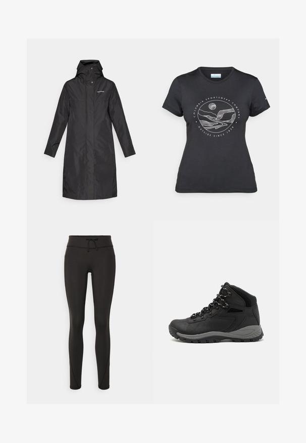 Capa de chuva preta com material respirável e impermeável, gola alta, capucho preso e fecho de pressão. Design minimalista, sem padrões.; T-shirt preto da Columbia com arte em linha branca circular representando montanhas e rios, e o texto "Columbia Sportswear Company Outside Since 1938."; Leggings pretos com uma cintura alta, cordão, textura suave e design ajustado. Apresentam detalhes de costura ao longo das laterais.; Bota de caminhada preta com design de cano médio, apresentando um upper texturizado, detalhes cinzentos e sola de borracha durável com cravos de tração.