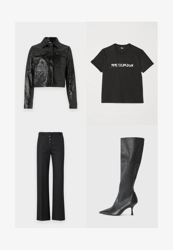 The Kooples BLOUSON - Bomber Jacket - black; Black cotton t-shirt with short sleeves, featuring a printed white and gray "THE 2LOOK" design across the front. Classic crew neck.; The Kooples PANTALON - Trousers - black; Knee-high black leather boots with a pointed toe and a slim stiletto heel. Smooth texture with a fitted design and stitching at the top edge.