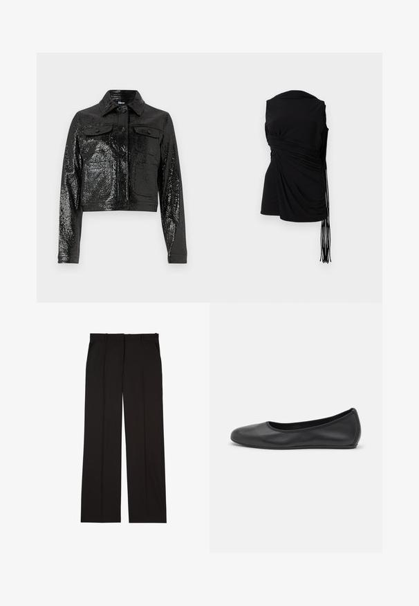 The Kooples BLOUSON - Bomberjacks - black; Zwarte mouwloze top met gedrapeerde stof, zijwaartse rimpeling en verlengde franjes, met een gladde textuur en een aangesloten silhouet.; Zwarte op maat gemaakte broek van een gladde stof, met een rechte pijp en twee zijzakken. Elegante en minimalistische constructie.; Zwarte leren ballerina met een ronde neus, gladde textuur, minimale stikdetails en een flexibele zoolontwerp.